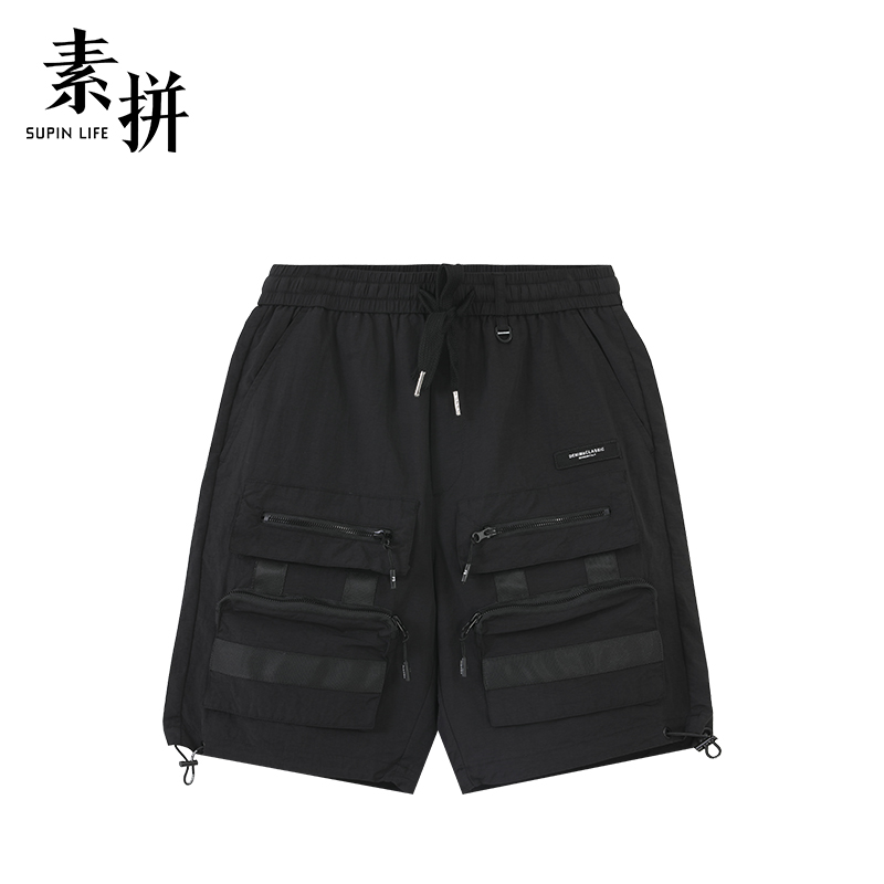 素拼男裝夏季新款工裝短褲潮牌設(shè)計感純色寬松休閑百搭速干