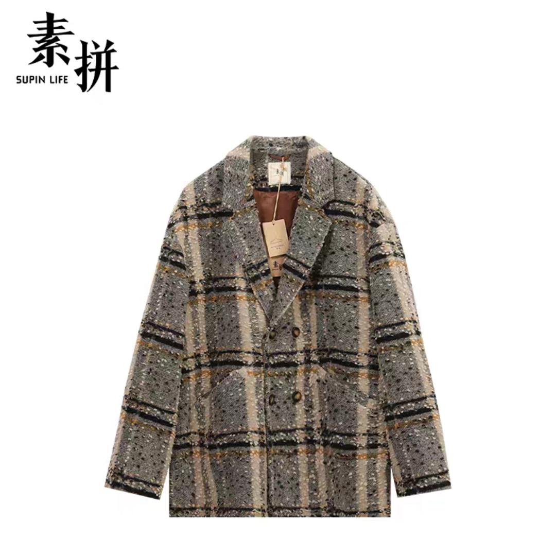 素拼方领秋冬宽松羊毛毛呢