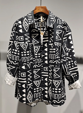 素拼男装春秋季新款长袖衬衫宽松炫酷印花街头感SPACS435041AM