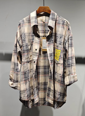 素拼男装春秋季新款长袖衬衫宽松印花痞帅格子衫SPACS435011AM