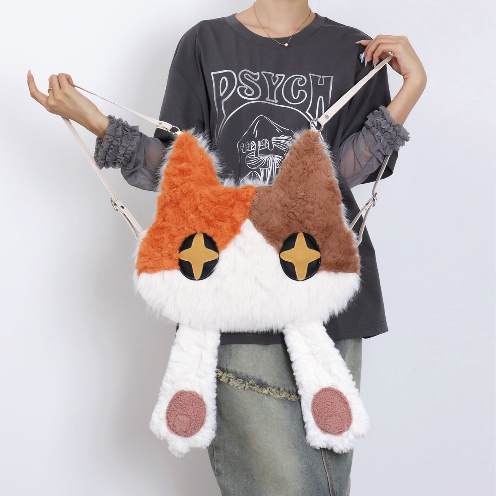 苏小塔捂脸三花猫双肩包秋冬新品毛绒绒可爱大容量捂脸单肩斜挎包