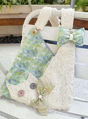 苏小塔原创 迷你可爱雪纺猫咪腋下包春夏新款绿色雏菊斜挎包