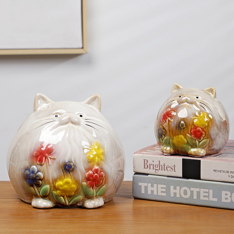 可爱创意陶瓷手绘招财猫咪储钱罐摆件儿童房装饰生肖礼物动物摆设