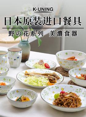 K-UNING 日本原装进口陶瓷餐具美浓烧碗盘釉下彩家用陶瓷饭碗野花