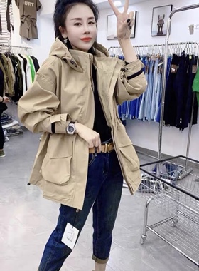 风衣女通勤随性大兜连帽简约外套中长款收腰百搭洋气2023秋季新款