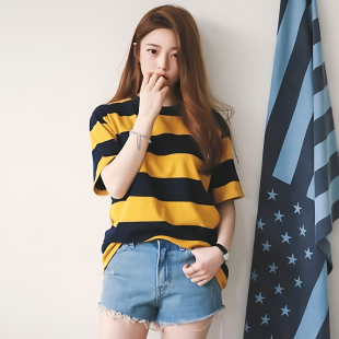 2025新款韩版条纹短袖t恤女装宽松春夏季女式打底衫宽松显瘦短袖