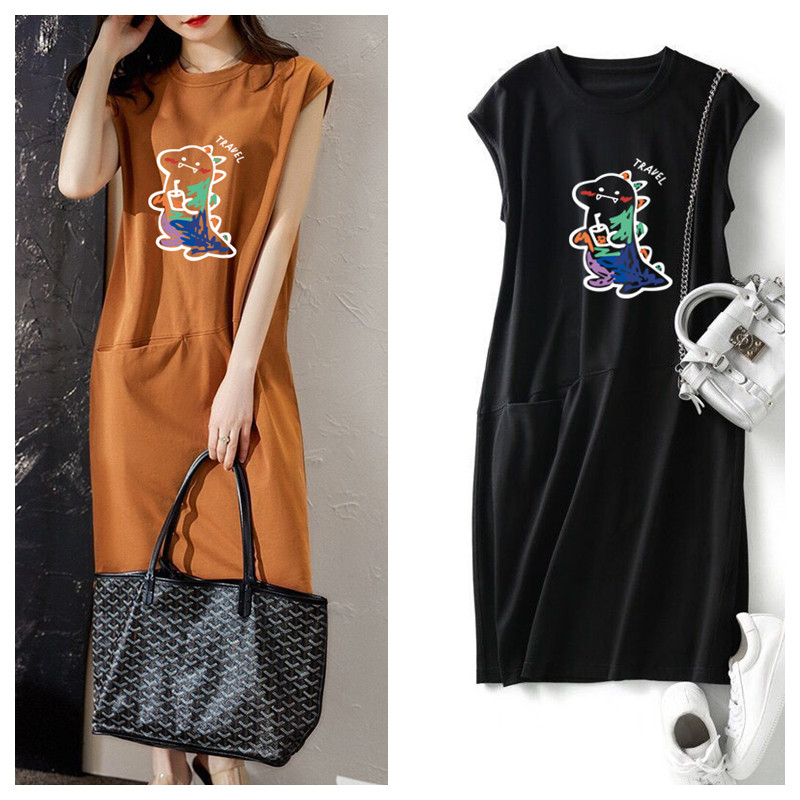 夏季新款短袖女装流行宽松显瘦怪兽无袖T恤连衣裙中长口袋仙女裙