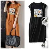 新款 短袖 女装 夏季 流行宽松显瘦卡通无袖 T恤连衣裙中长口袋仙女裙