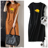 新款 短袖 女装 夏季 流行宽松显瘦笑脸无袖 T恤连衣裙中长口袋仙女裙