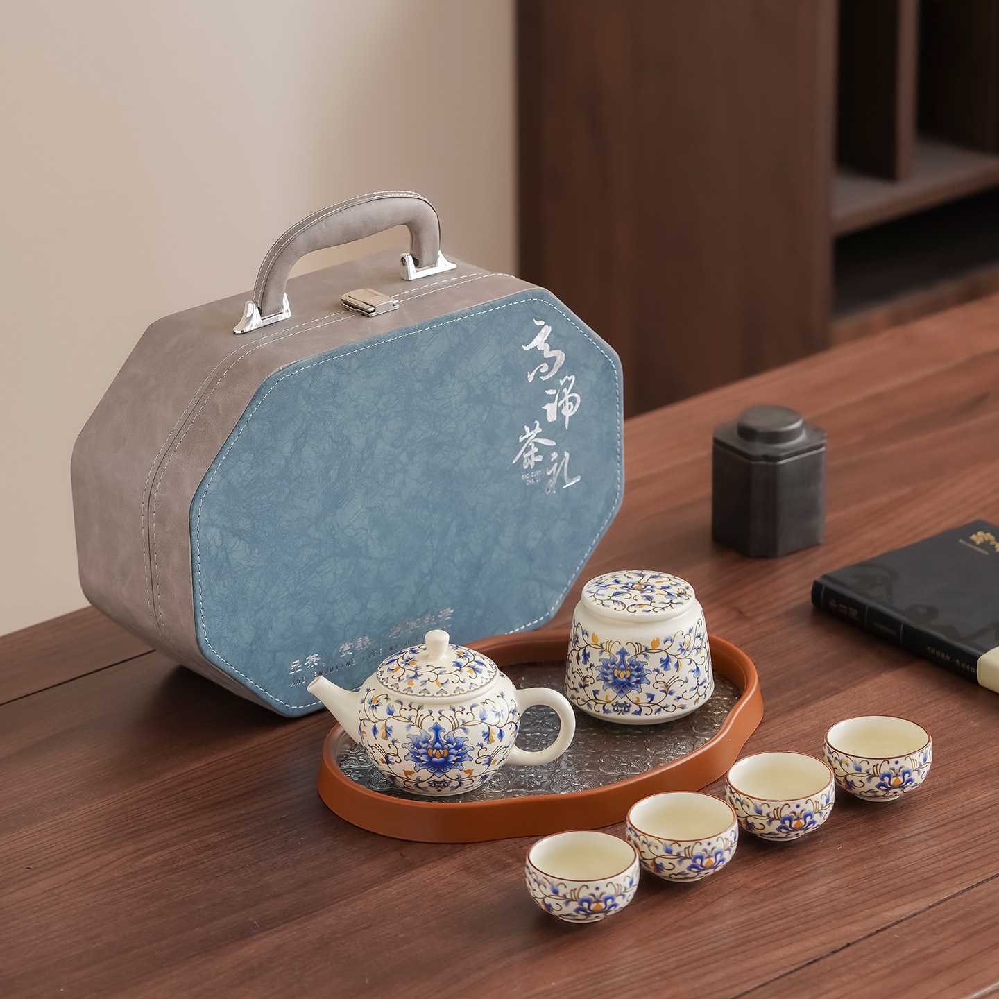 户外旅行茶具套装便携式缠枝莲一壶四杯一罐带茶盘陶瓷泡茶壶茶杯