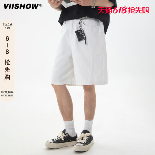VIISHOW纯色牛仔短裤男士夏季cleanfit五分裤子潮牌宽松运动中裤