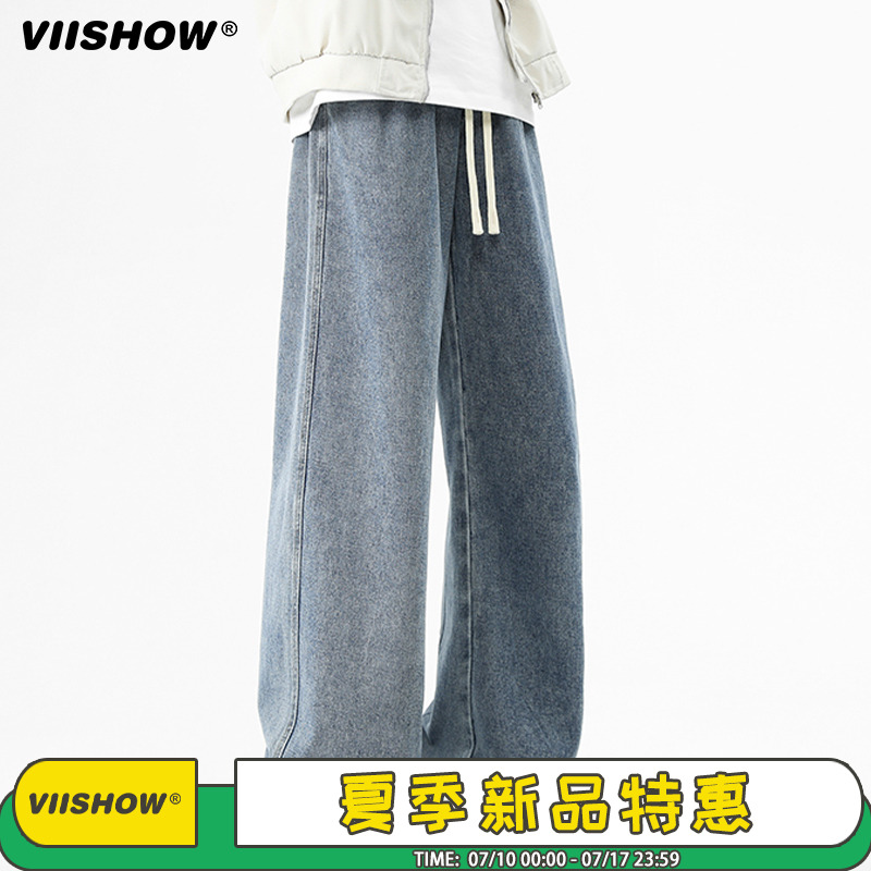 VIISHOW日系青少年裤子男2025夏季ins新款抽绳腰直筒阔腿牛仔裤