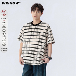 VIISHOW夏季 T恤男女宽松情侣休闲百搭体恤 复古撞色条纹圆领短袖