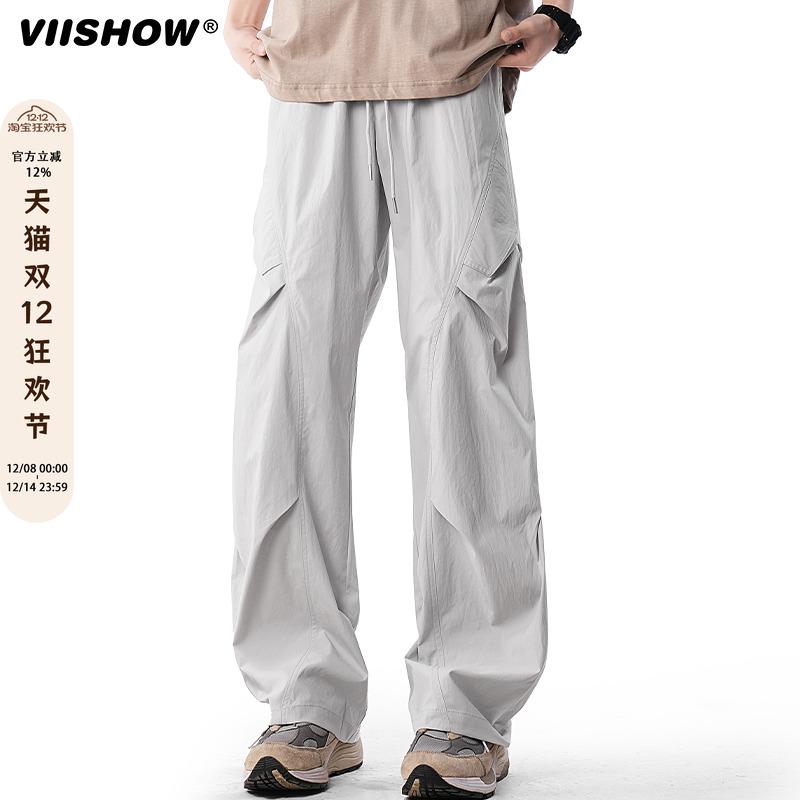 VIISHOW速干工装裤男款春秋冰丝阔腿运动伞兵裤子宽松直筒休闲裤