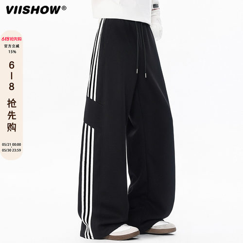 VIISHOW美式三条杠运动裤男春季高街阔腿休闲卫裤潮牌直筒长裤子