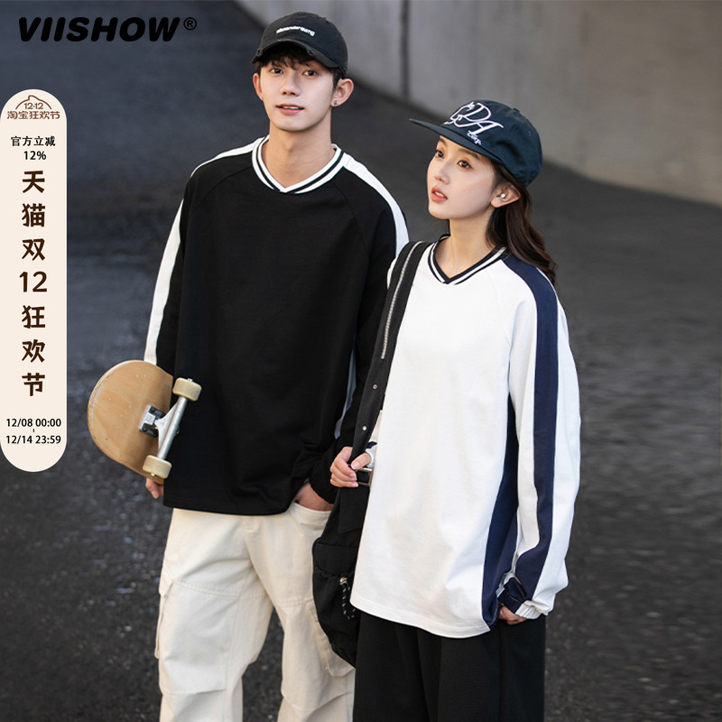 VIISHOW春季情侣宽松拼接撞色圆领长袖T恤男生日系条纹慵懒感上衣