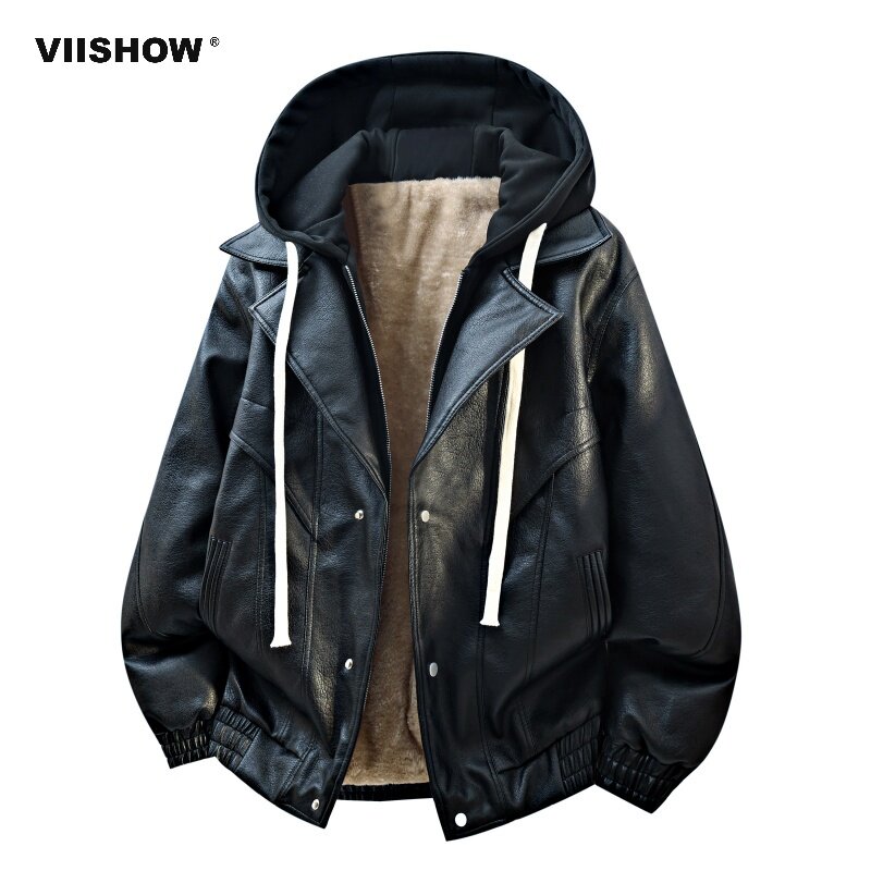 VIISHOWVIISHOW黑色连帽皮衣男短款拉链机车夹克潮流外套加绒