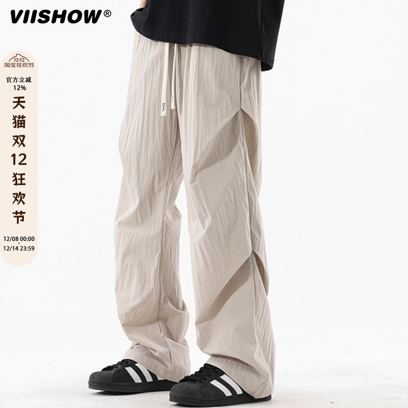 VIISHOW冰丝裤子男款夏季薄款潮牌褶皱伞兵裤宽松休闲直筒弯刀裤