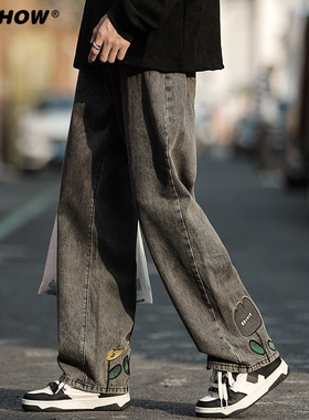 VIISHOW印花牛仔裤男士新款春秋季宽松直筒美式高街复古休闲长裤