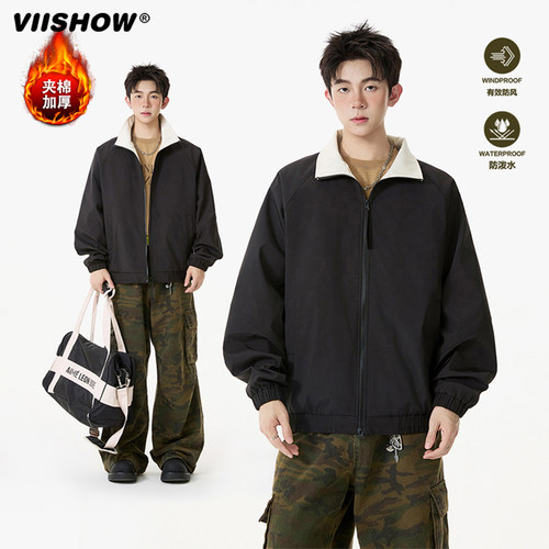 VIISHOW冬季潮牌基础款立领运动夹克男拼接撞色宽松休闲短款外套