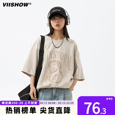VIISHOW美式复古夏季新款休闲宽松设计感印花无性别主义穿搭T恤衫