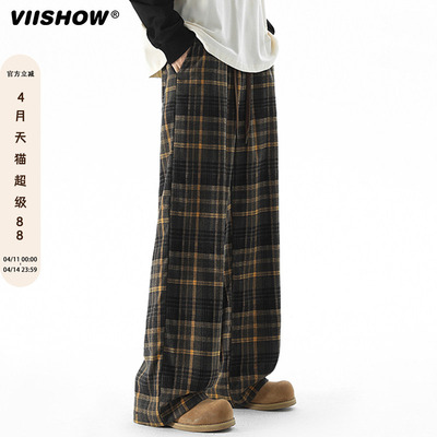 VIISHOW港风复古格子休闲长裤男秋宽松潮牌百搭撞色阔腿直筒裤子