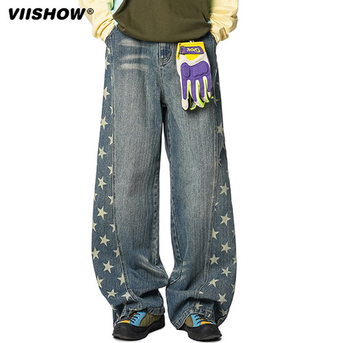 VIISHOW趣味星星印花弯刀牛仔裤男女秋季宽松休闲裤做旧阔腿长裤