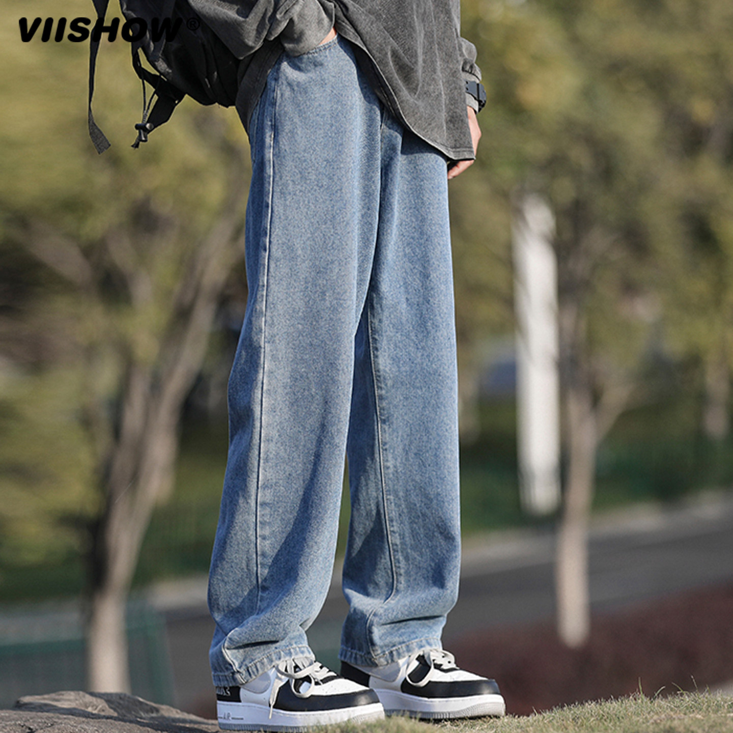 VIISHOW牛仔裤男春秋款潮牌美式宽松阔腿长裤男生休闲直筒长裤子