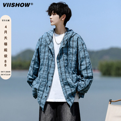 VIISHOW长袖防晒衣男夏季美式复古格子衬衫户外轻薄连帽情侣外套