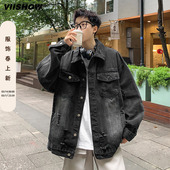 VIISHOW水洗做旧牛仔夹克男2024秋潮流破洞美式 复古痞帅休闲外套