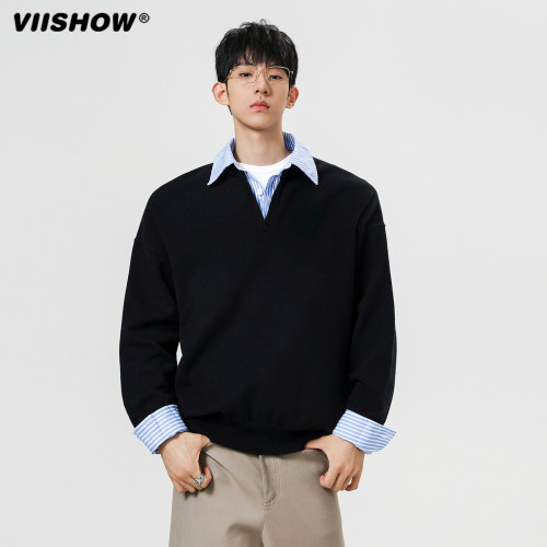 VIISHOW复古假两件拼接翻领卫衣男秋季潮牌宽松情侣休闲套头上衣