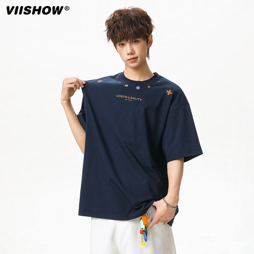 VIISHOW美式纯棉刺绣休闲T恤夏季潮牌宽松情侣半袖男士百搭短袖