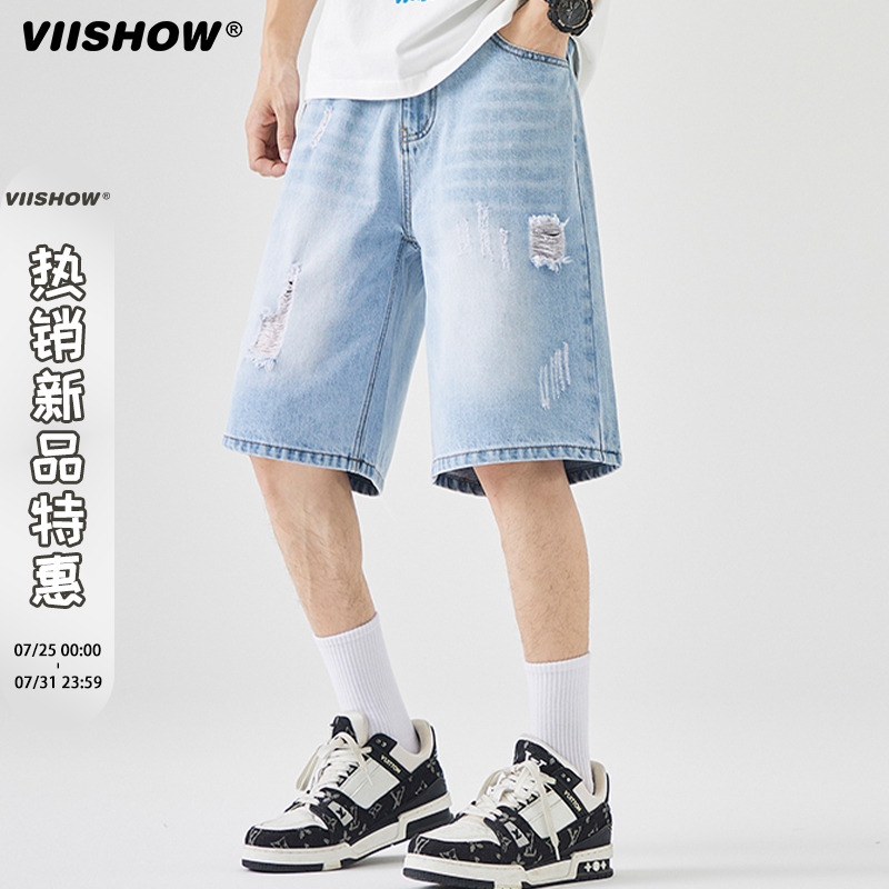 VIISHOW透气破洞五分牛仔短裤男生2025薄款潮牌中裤宽松休闲马裤