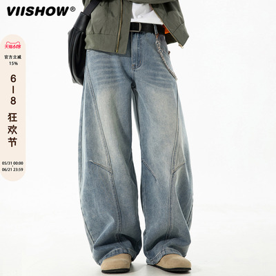 VIISHOW美式弯刀牛仔裤男秋季水洗复古工装阔腿长裤潮牌做旧裤子
