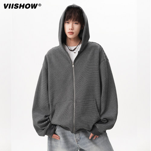 VIISHOW美式慵懒条纹连帽卫衣开衫男秋休闲运动外套宽松拉链上衣