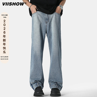 VIISHOW反方向倒装牛仔裤男美式宽松复古水洗微喇裤潮牌阔腿长裤