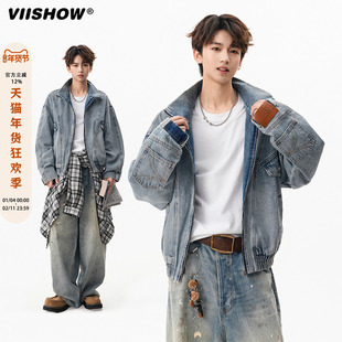 VIISHOW分割牛仔外套男女秋季美式重工水洗情侣夹克高街解构上衣