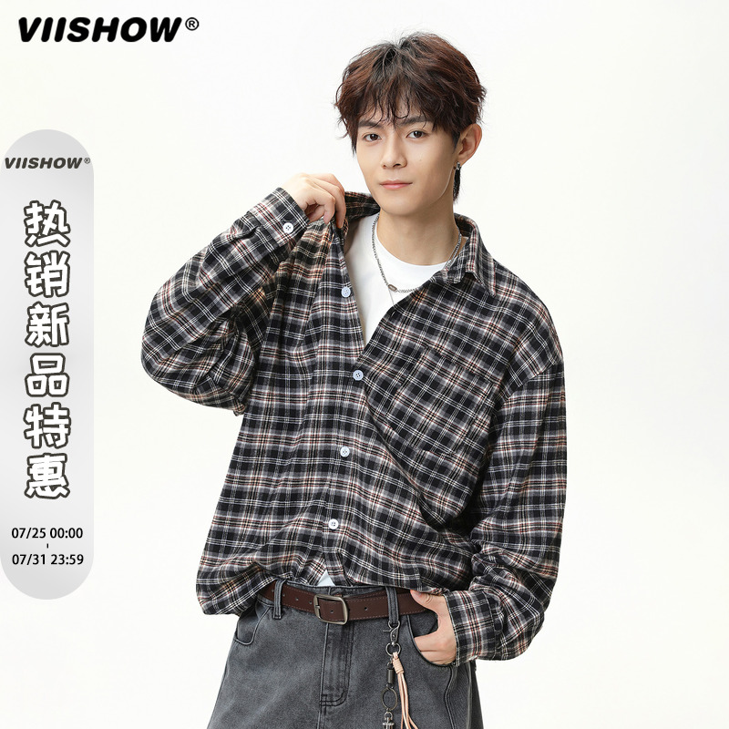VIISHOW美式cityboy格子休闲衬衫男25年秋季潮牌翻领长袖衬衣外套
