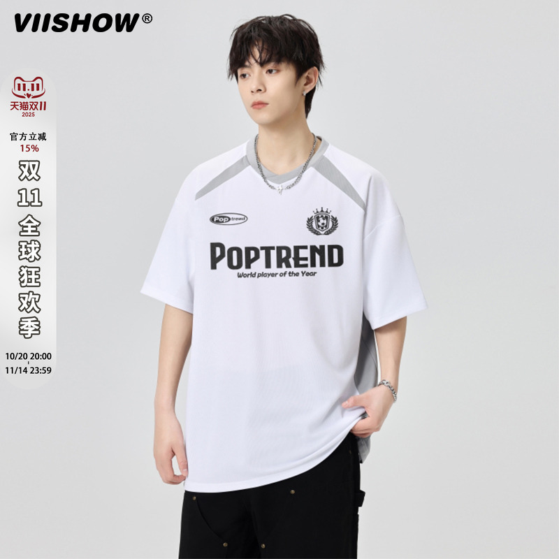VIISHOW美式复古拼接撞色运动短袖T恤男夏季百搭宽松休闲潮牌衣服