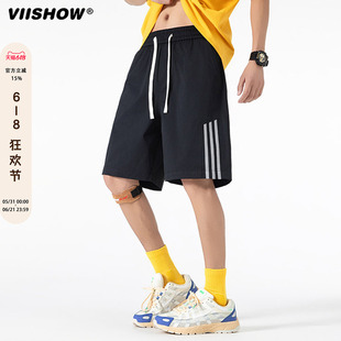 VIISHOW三条杠条纹短裤男款夏季薄款速干运动裤子休闲直筒五分裤