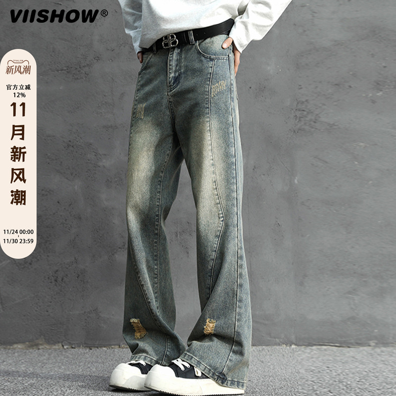VIISHOW复古破洞牛仔裤男春季水洗高街cleanfit宽松直筒休闲裤子