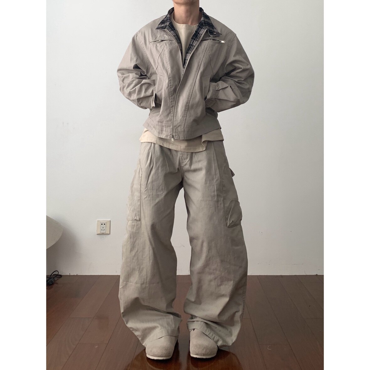 Daily1|古着感格纹拼接工装夹克