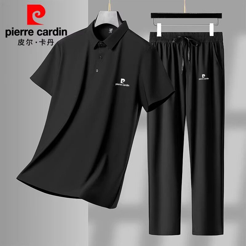 皮尔卡丹夏季新款轻奢男士桑蚕丝短袖套装时尚休闲冰丝速干t恤男