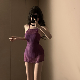 韩ins新款 泳衣女小胸显瘦性感纯欲紫色高级度假温泉 连体吊带裙式