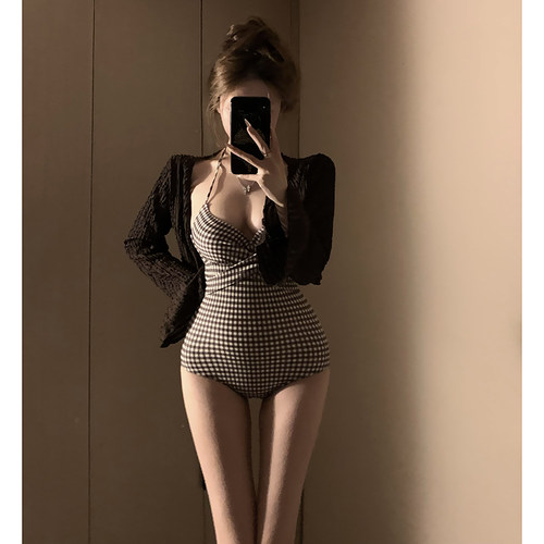 格子连体泳衣女钢托聚拢纯欲高级