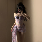 原创新款 比基尼四件套分体泳衣女辣妹性感纯欲风印花飘带海岛度假