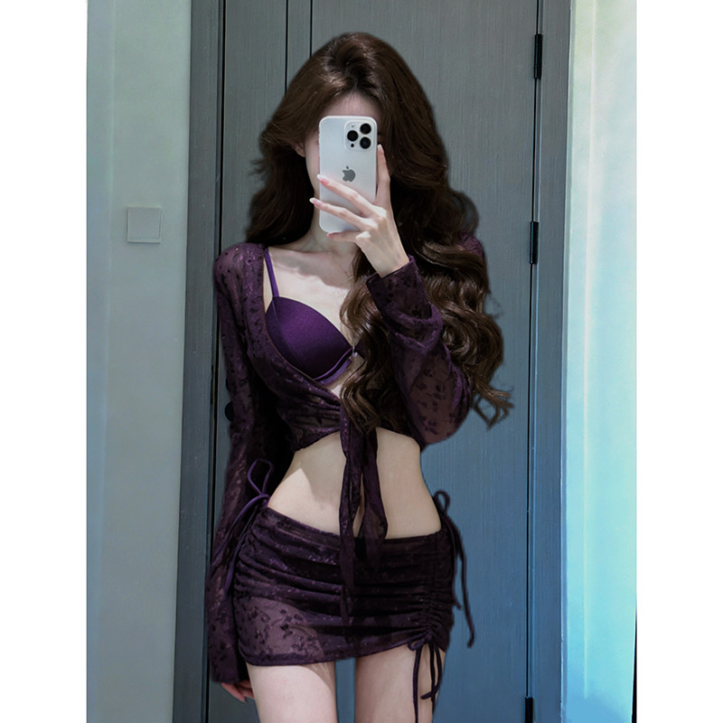 新款紫色比基尼分体泳衣女四件套纯欲网红风小胸夏高级感海岛度假