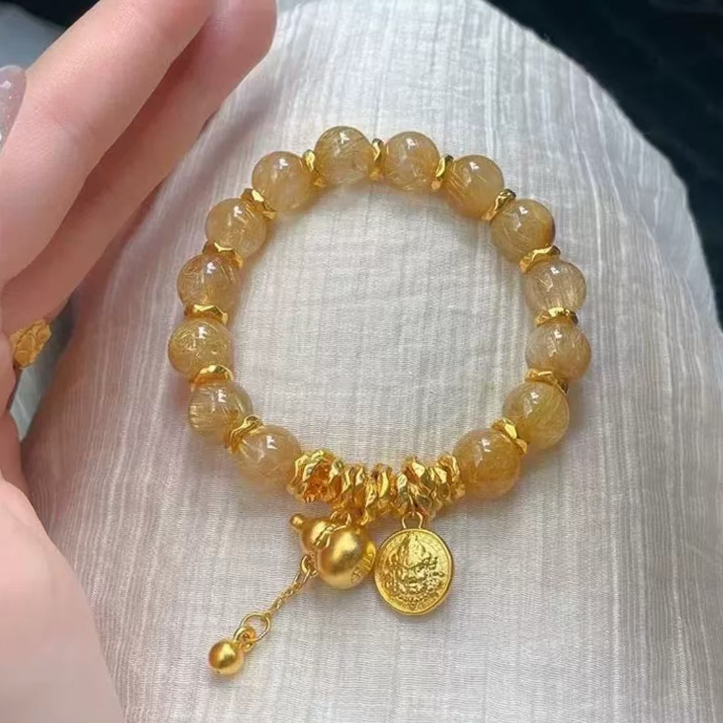 黄金色葫芦手链女仿金发晶手串图片