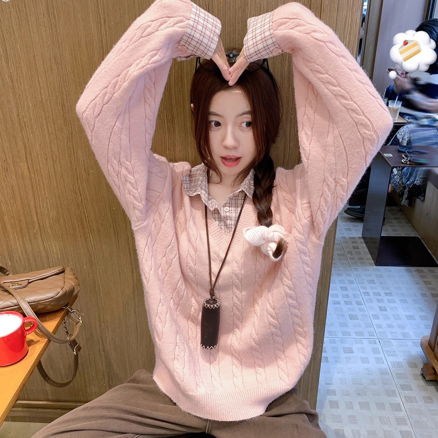 曾小咸 韩系粉色假两件毛衣女秋冬polo领衬衫拼接内搭针织衫上衣