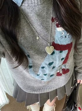 韩系秋季穿搭独特超好看宽松慵懒风设计感灰色印花长袖针织毛衣FX